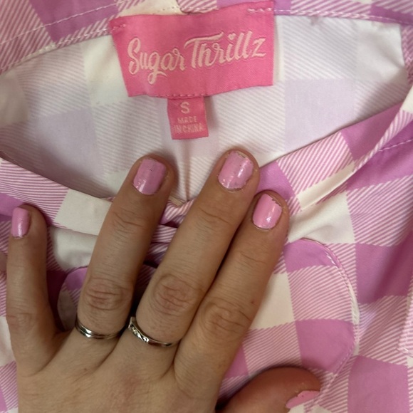 NWOT Sugar Thrillz pink heart plaid gingham flower button details Small - Picture 5 of 9